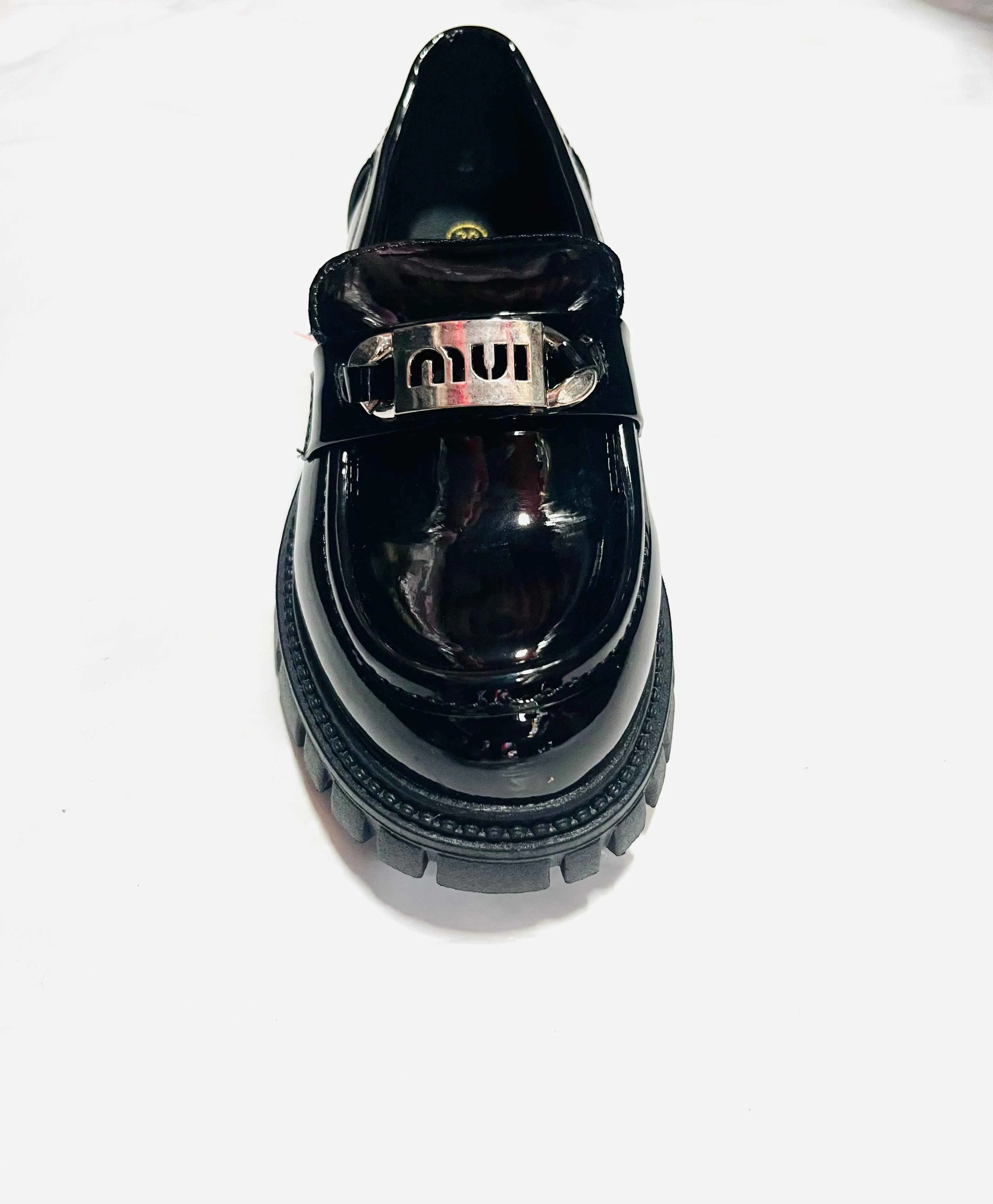 Girls' Black Patent Platform Loafer with Silver "MUI" Logo Plate