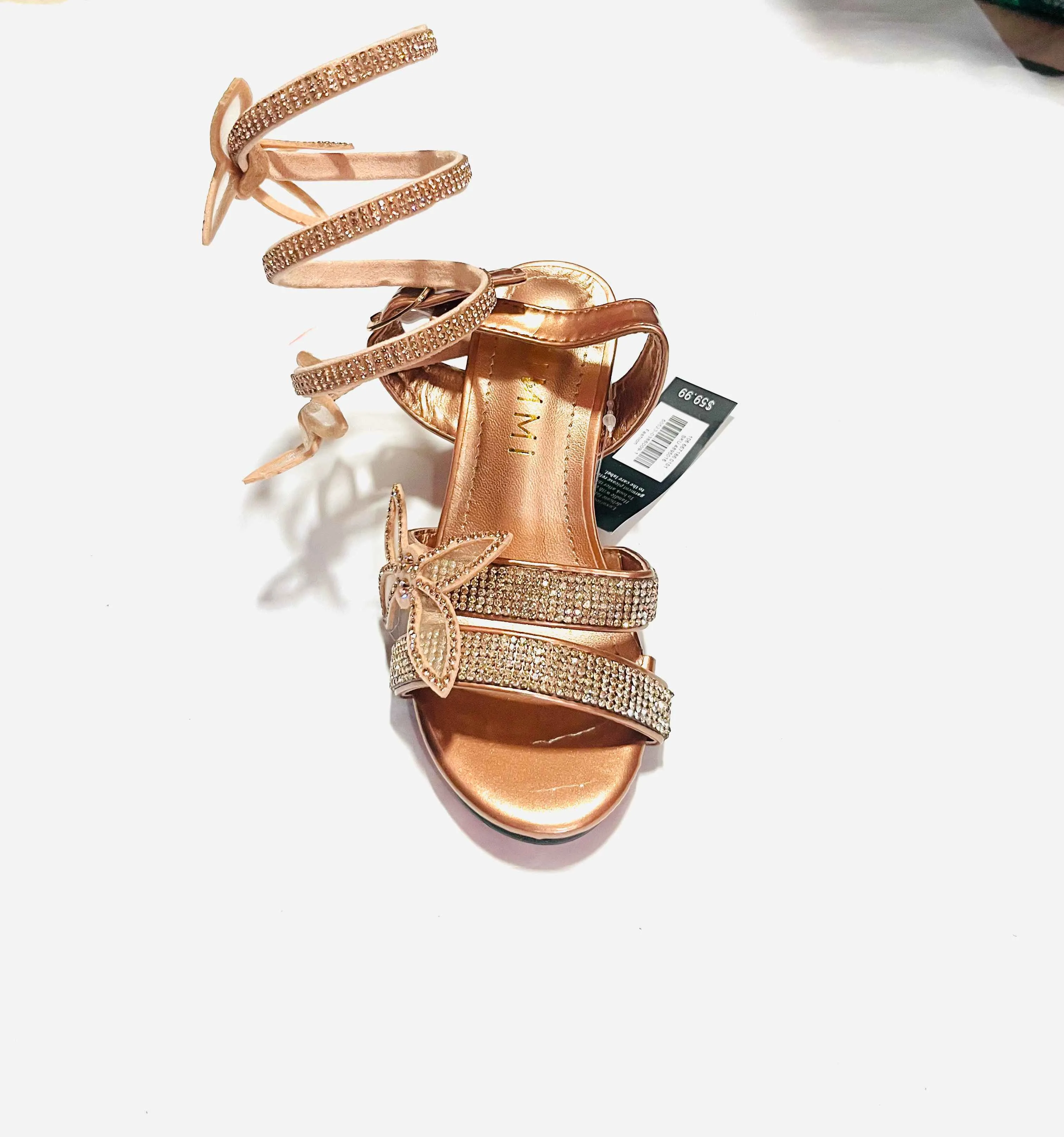 Girls' Rose Gold Rhinestone Wrap-Around Lace-Up Heeled Sandal