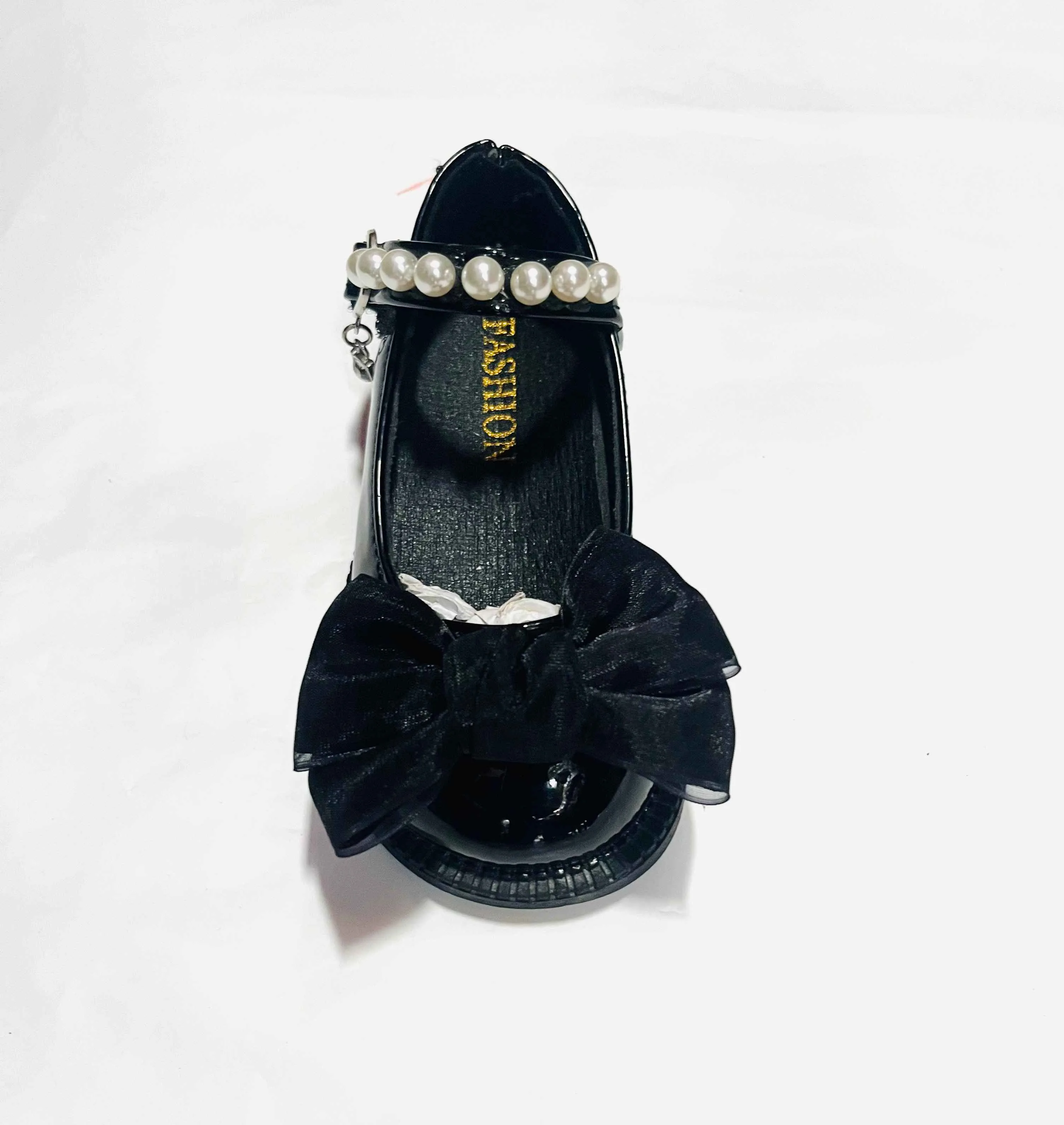 Girls' Black Patent Leather Mary Jane with Pearl Strap & Organza Bow