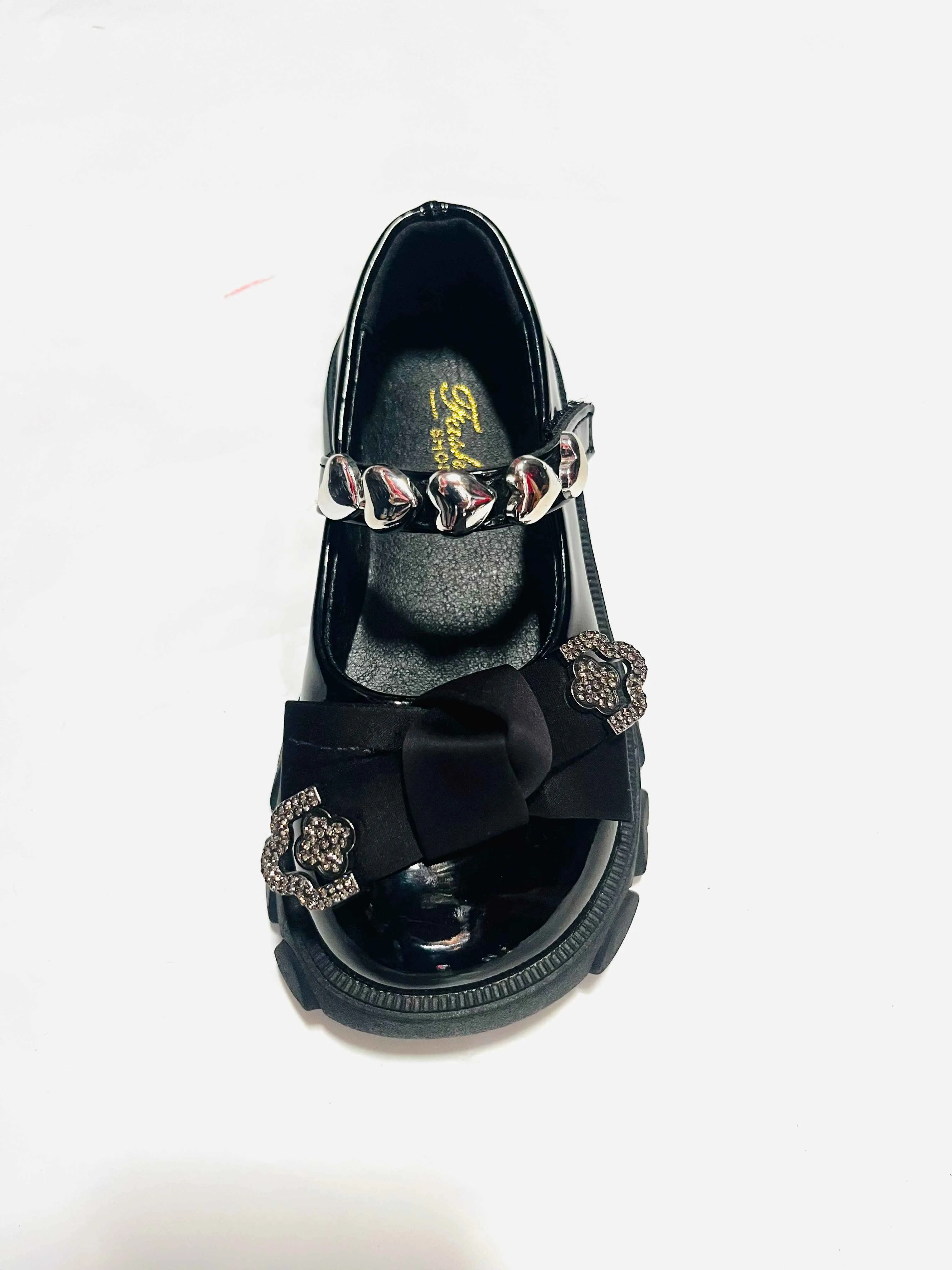Girls' Patent Leather Mary Jane with Bow & Heart Chain Strap (Black)