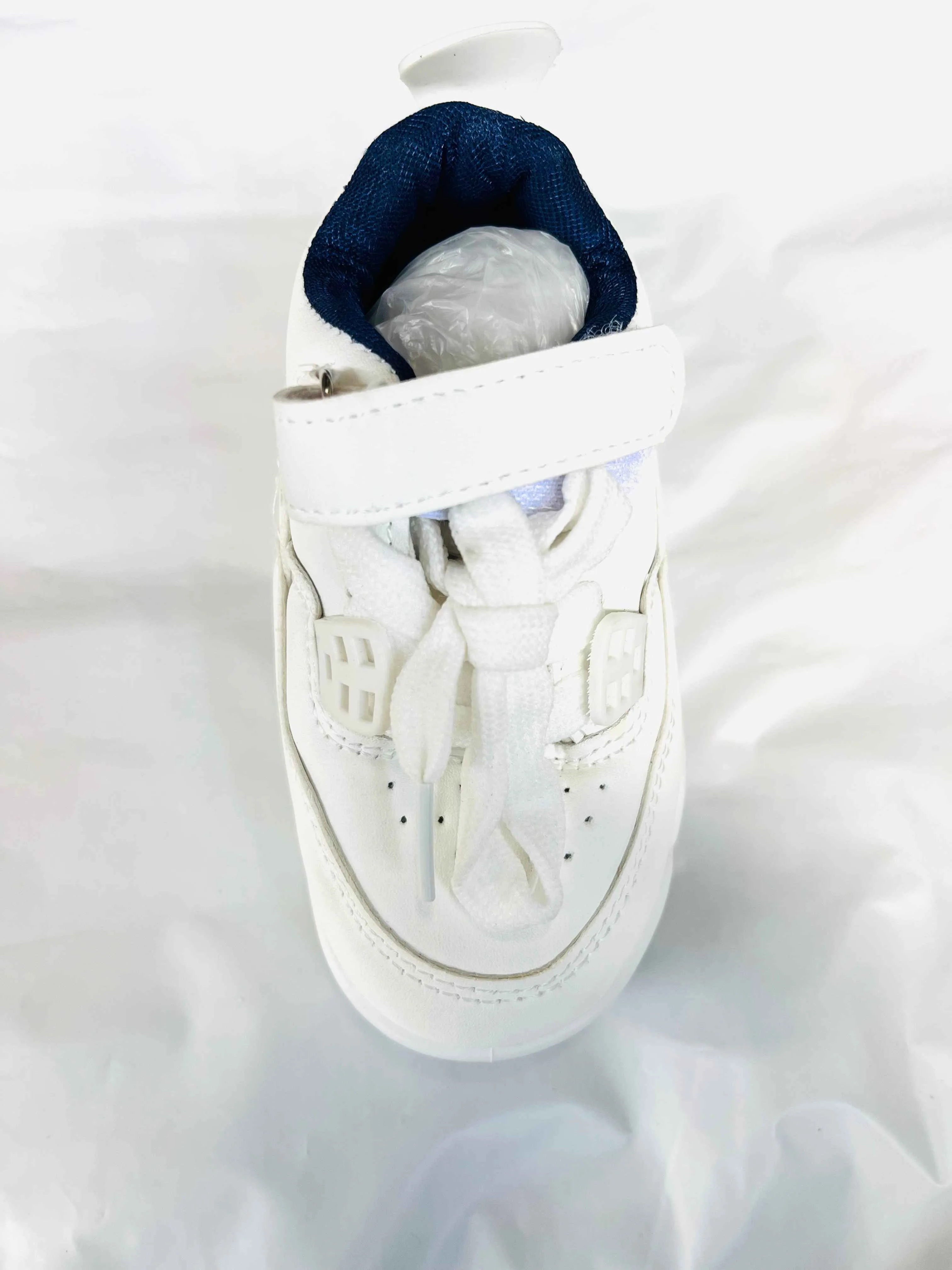 Kids' Clean White & Navy Velcro Flat Lace Sneaker
