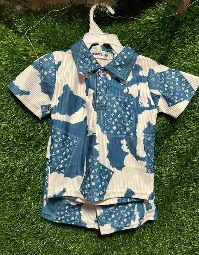Blue/white tie-dye monogram print polo shirt + shorts set