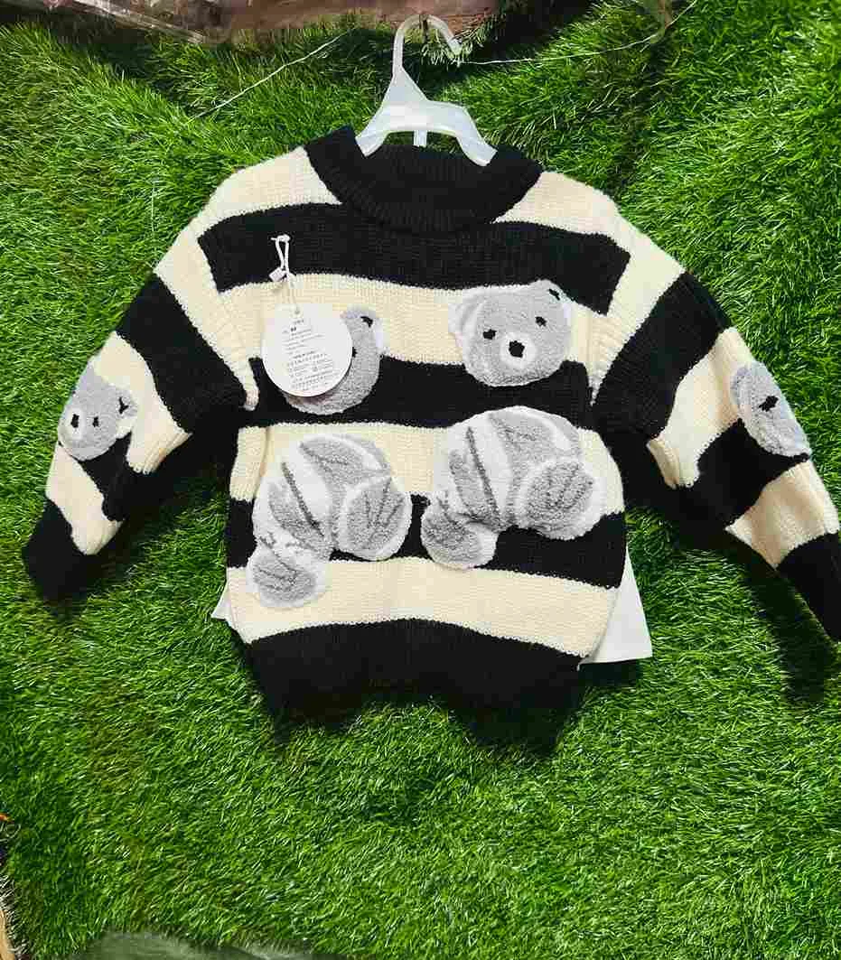 Teddy bear striped knit sweater + white pleated skirt set