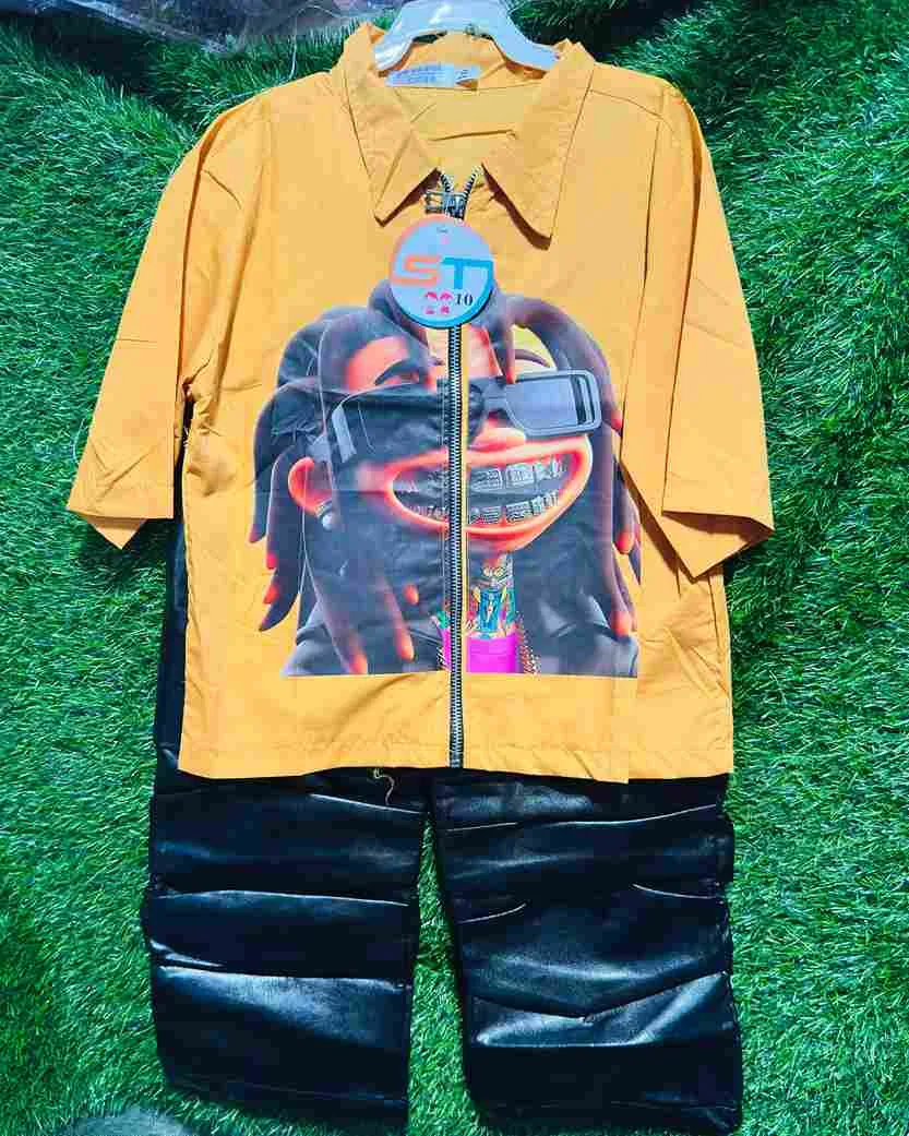 Yellow graphic print shirt + black faux leather trousers set