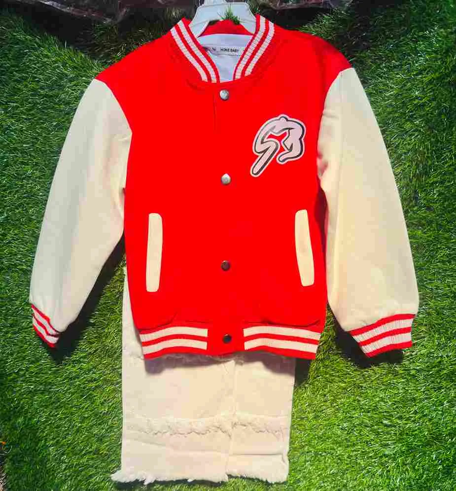 Red & cream varsity/baseball jacket + cream distressed shorts set