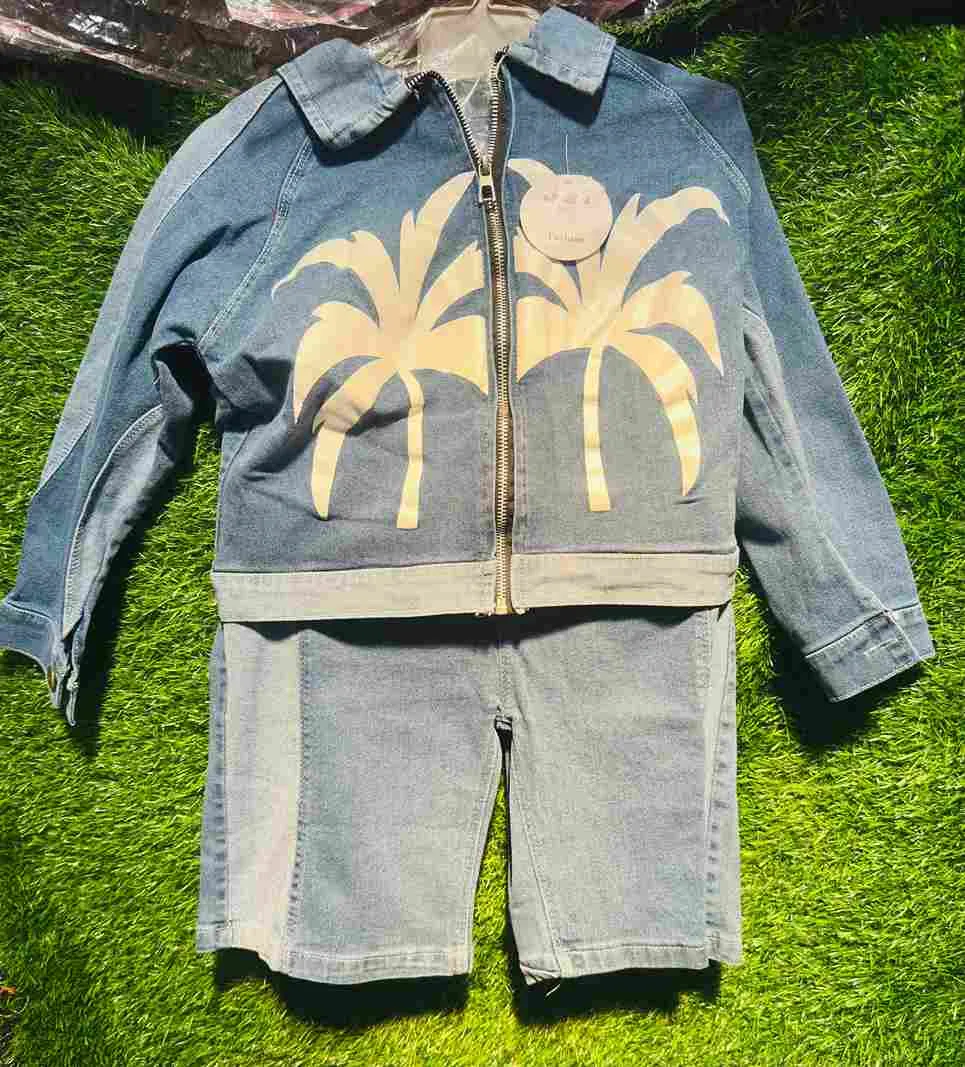 Blue denim jacket with palm tree print + matching denim shorts set