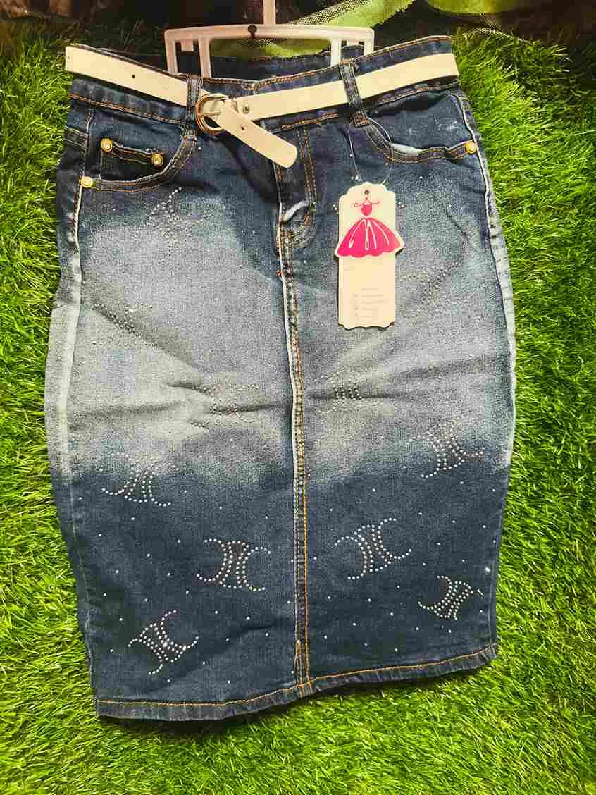 Girls' denim midi/pencil skirt with rhinestone CC print + white belt