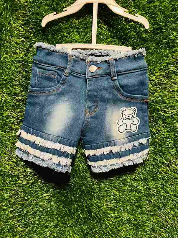 Girls' denim shorts with teddy bear patch & fringe/tassel hem detail
