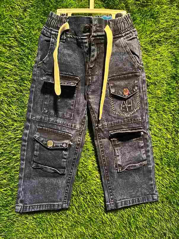 Boys' dark grey cargo denim jeans with multiple pockets & yellow drawstring