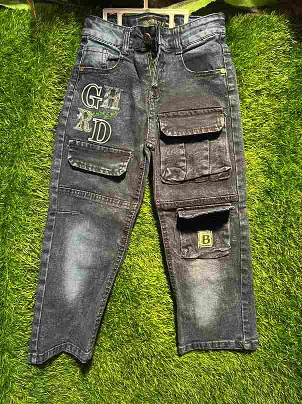 Boys' dark wash cargo denim jeans with multi-pockets & GHRD embroidery