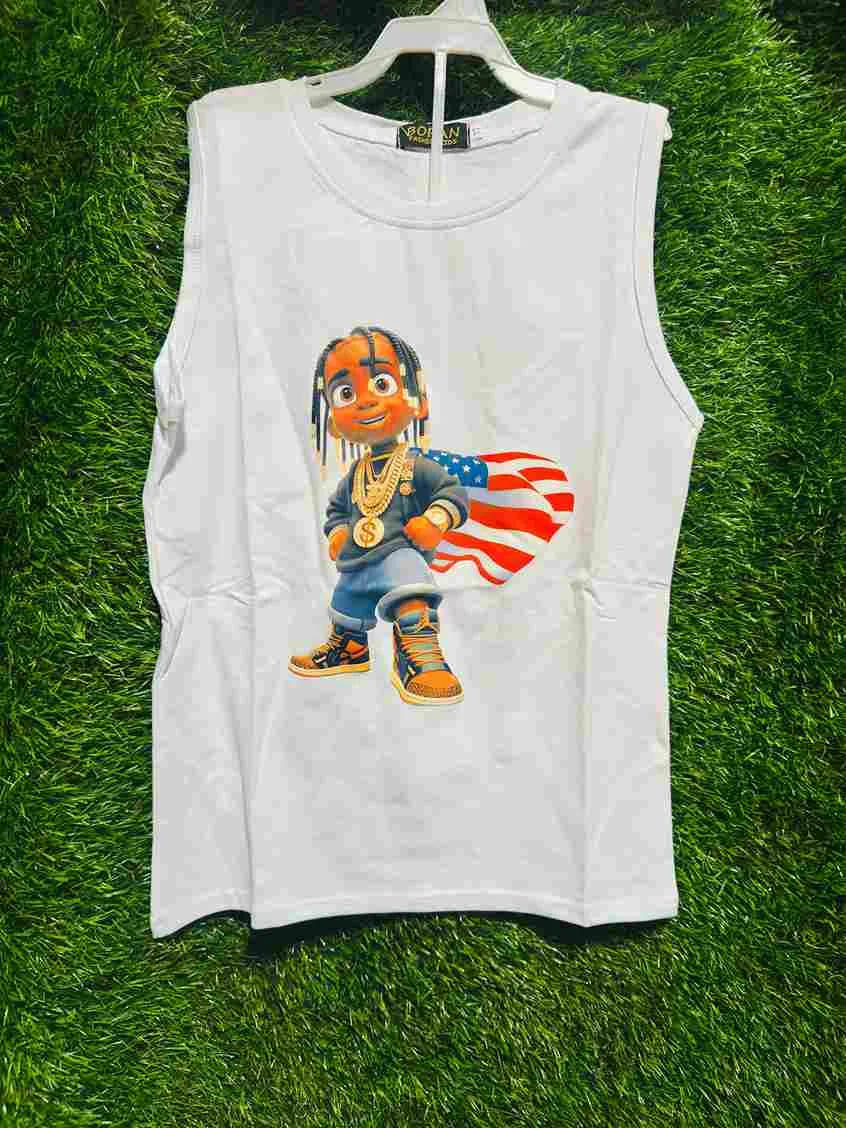 Kids' white sleeveless vest/tank top with cartoon character graphic print