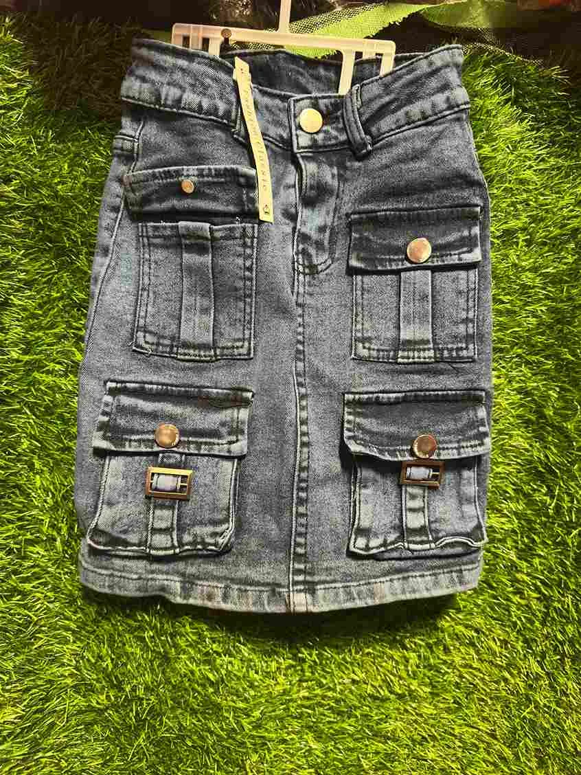 Girls' blue cargo denim skirt with multiple pockets & gold hardware