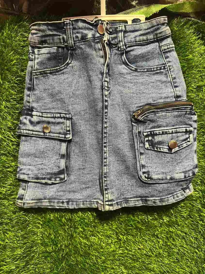 Girls' blue  cargo denim skirt with zip pockets & gold studs