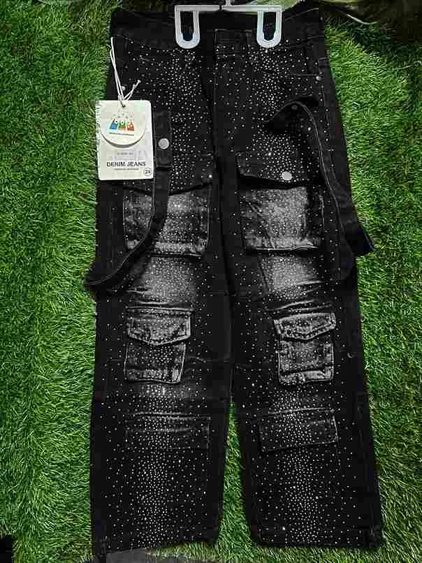 Black Rhinestone Cargo Jeans