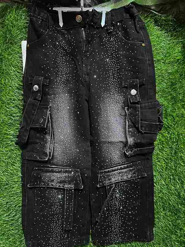 Black Rhinestone Wide-Leg Cargo Jeans