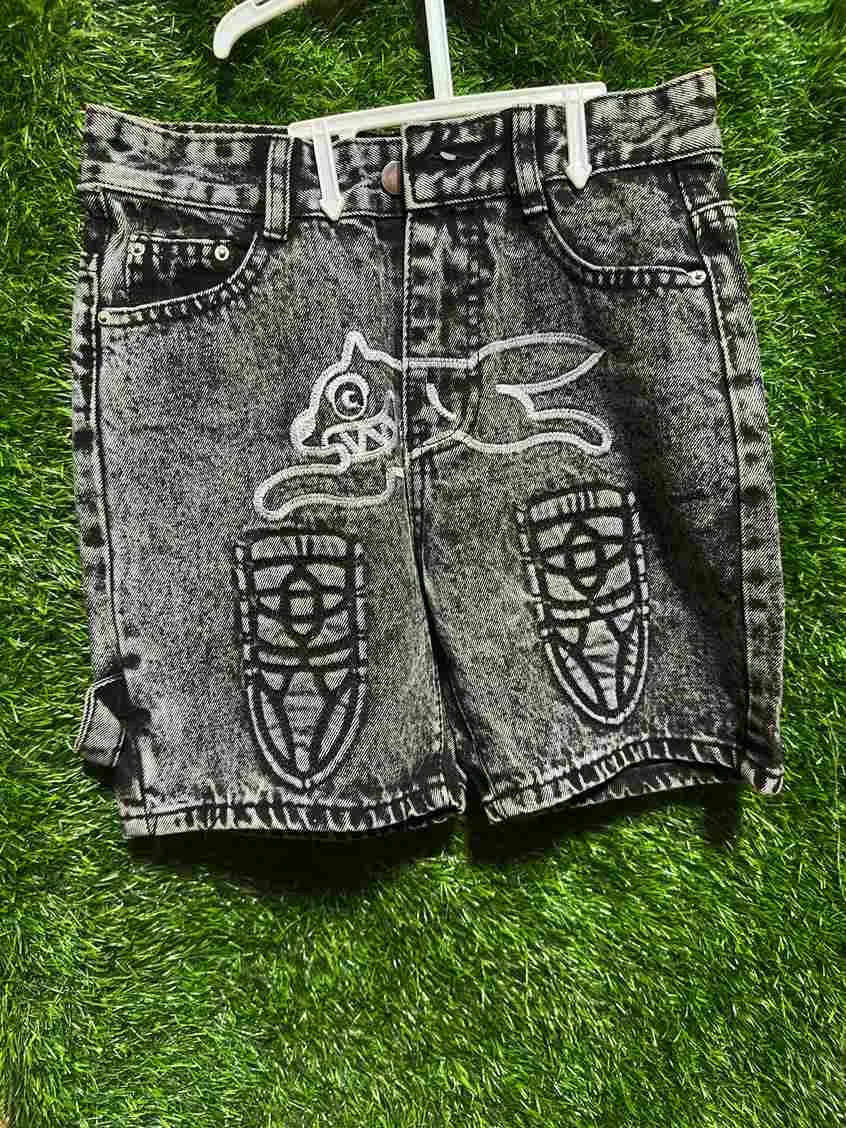 Grey Acid Wash Graphic Shorts