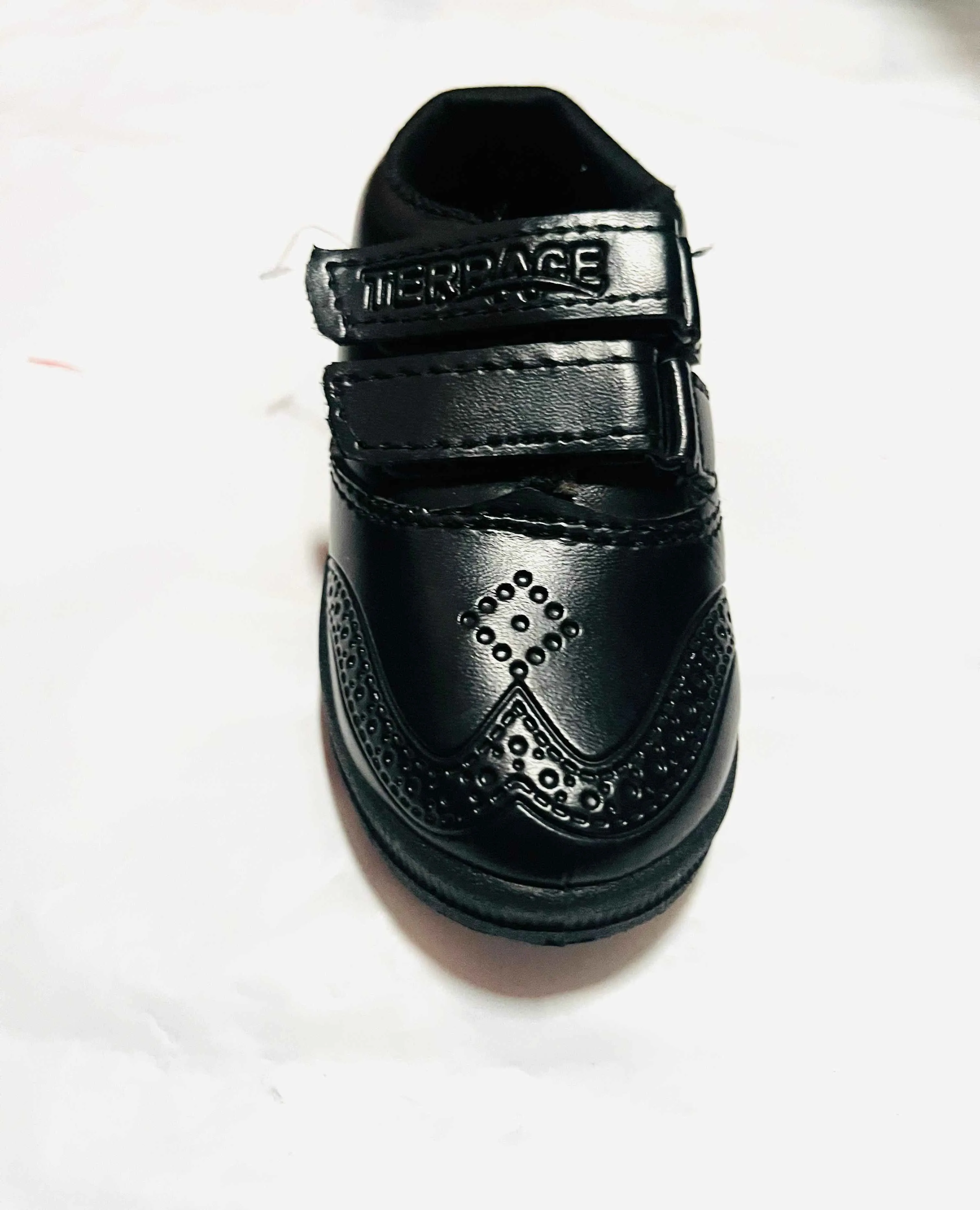 Boys' Black Leather Brogue Double Velcro Strap School Shoe