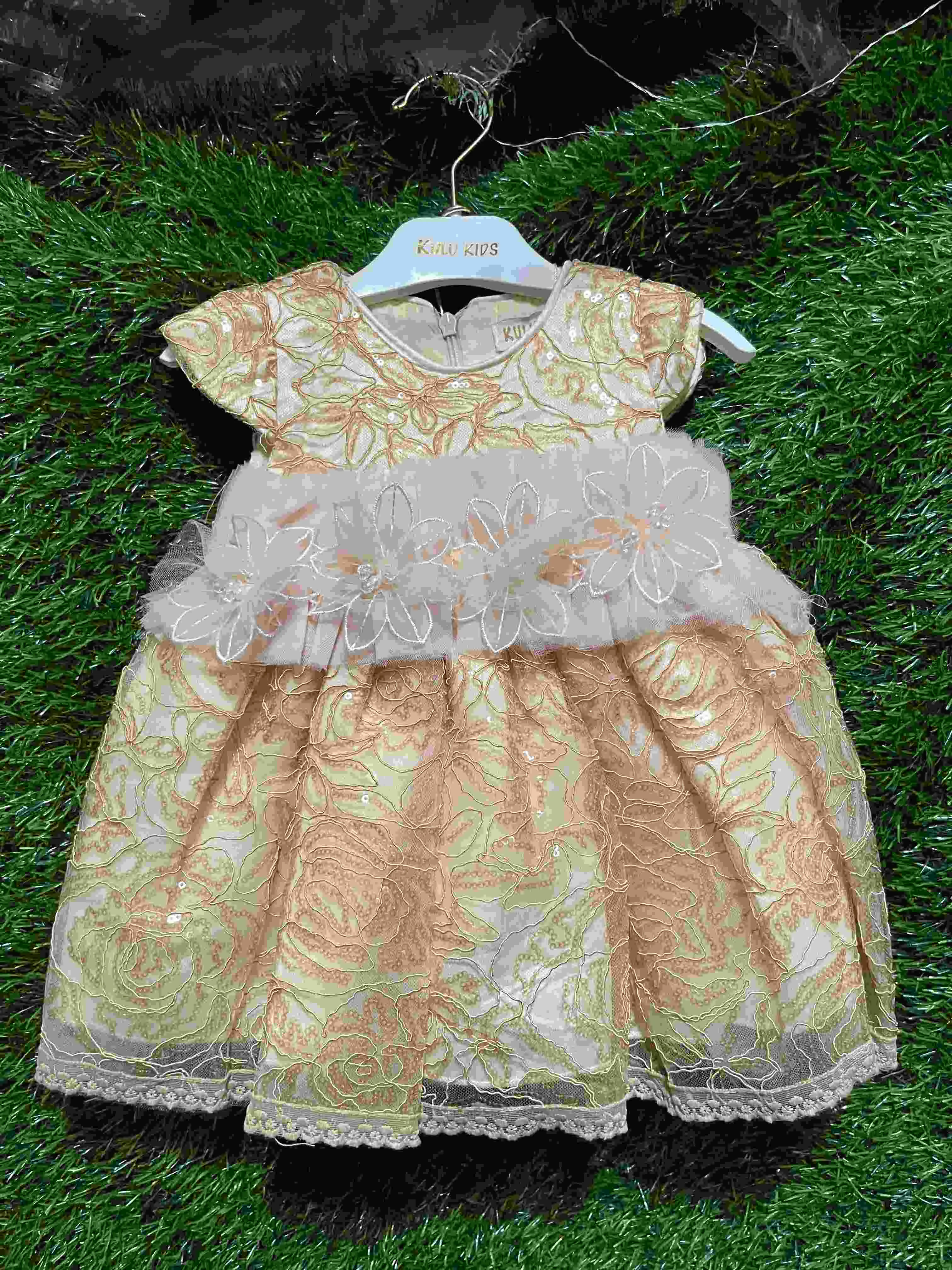 Gold Floral Embroidered Tulle Dress